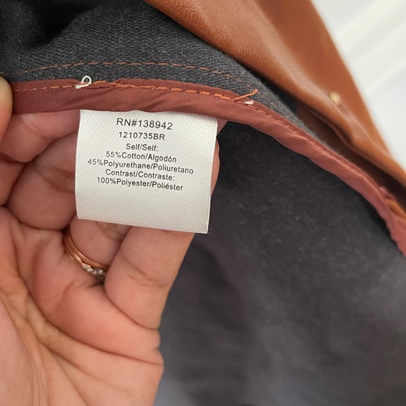 On Twelfth Fur Collar Brown Pleather Belted Long Jacket with Gold Accents - Picture 6 of 11